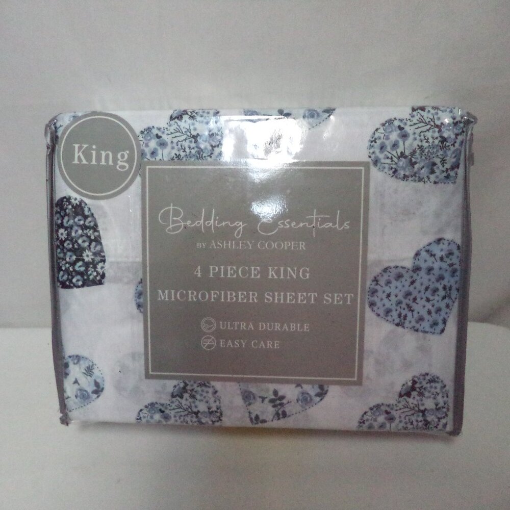 Ashley Cooper Flora blue Heart flower 4 piece Micro Fiber King sheet set NEW NWT
